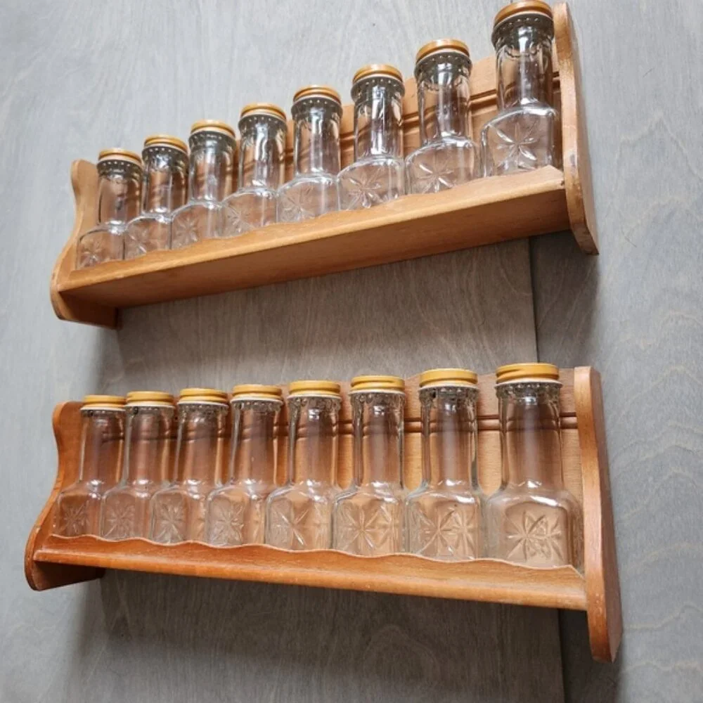 70's Wooden Spice‎ Rack with Glass Jars
